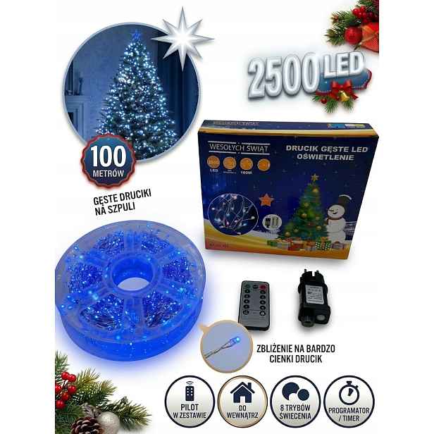 Vánoční Osvětlení Na Stromeček 100 m 2500 Led modré 8 režimů pro vnitřní použití