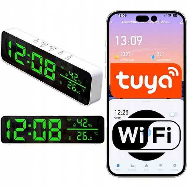 Chytré WiFi Led hodiny zelené – budík, senzor teploty a vlhkosti
