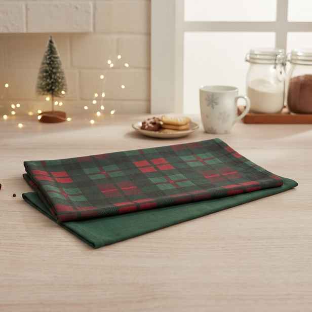Sada vánočních kuchyňských utěrek FESTIVE FEAST 45 × 65 cm kostky/zelená – 2 ks