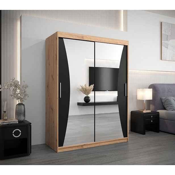 Šatní skříň se zrcadly LADA - šířka 150 cm, dub artisan / černá