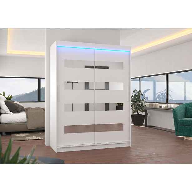 Šatní skříň se zrcadlem a LED osvětlením 150 cm RADLA - bílá