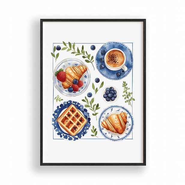 Obraz Snídaně Káva Croissanty Plakát Rámeček Dřevěný Černý 30x42 cm
