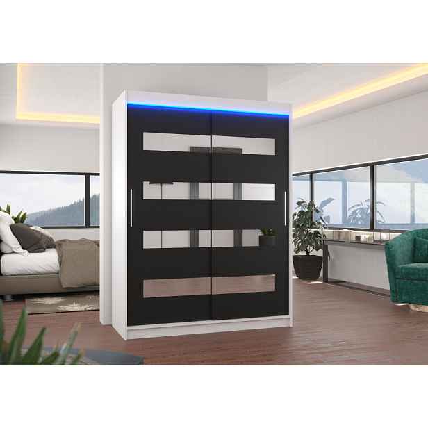 Šatní skříň se zrcadlem a LED osvětlením 150 cm RADLA - bílá / černá
