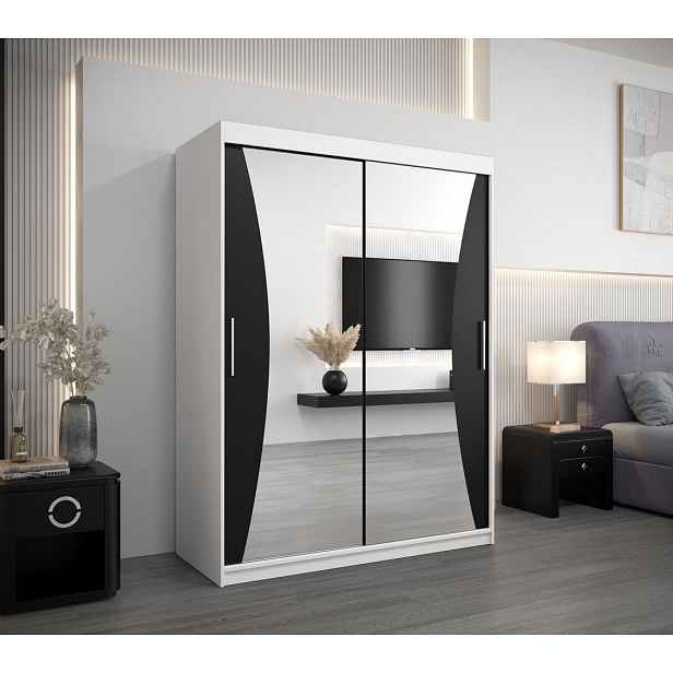 Šatní skříň se zrcadly LADA - šířka 150 cm, bílá / černá