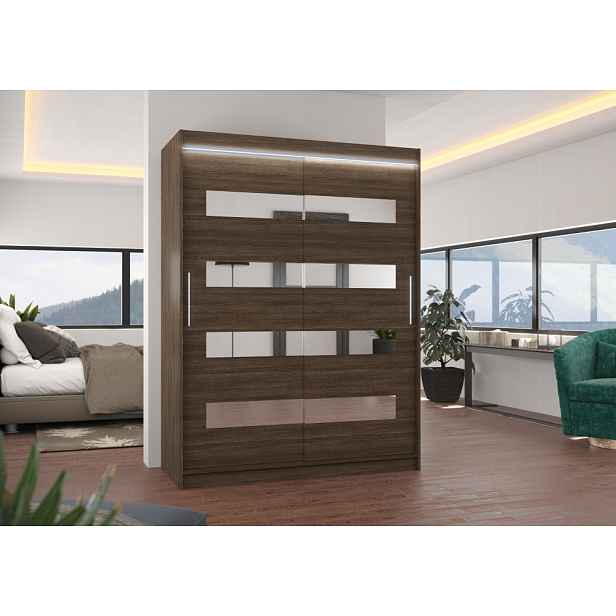 Šatní skříň se zrcadlem a LED osvětlením 150 cm RADLA - tmavě hnědá