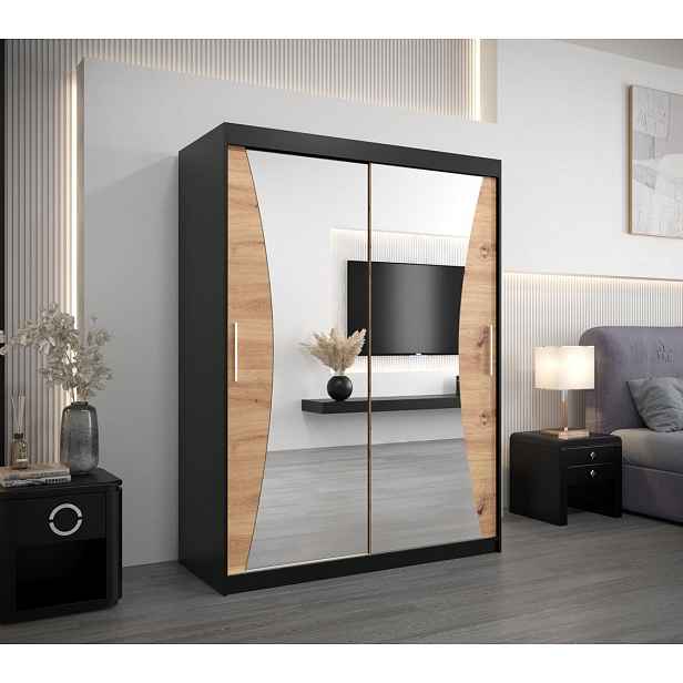 Šatní skříň se zrcadly LADA - šířka 150 cm, černá / dub artisan