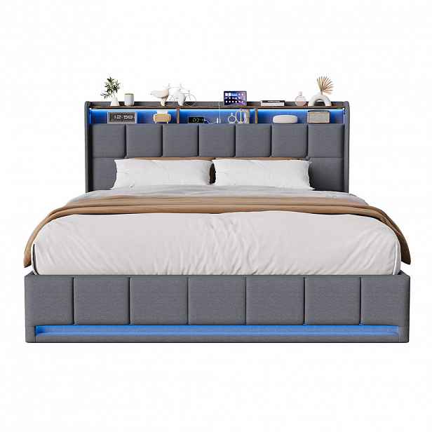 SHOPENTRA ČALOUNĚNÁ postel 140x190cm šedá látka, plynový box, LED čelo, USB