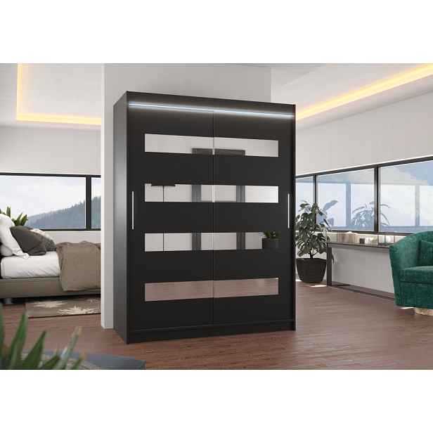 Šatní skříň se zrcadlem a LED osvětlením 150 cm RADLA - černá