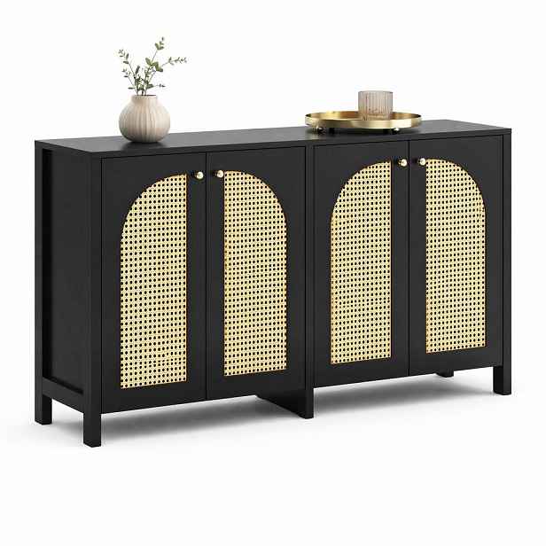 STILVORA KUCHYŇSKÁ SKŘÍŇ přírodní a černá, 4 ratanová dvířka, do jídelny, kuchyně a obývacího pokoje, 145×80×40 cm
