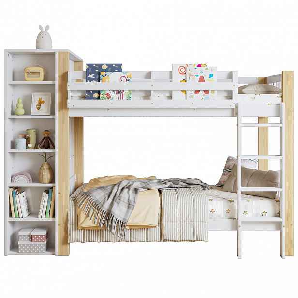 OKWISH PATROVÁ postel 90/200 cm bílá+přírodní s ochranou proti pádu a šatní skříní z borovice a MDF