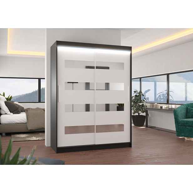 Šatní skříň se zrcadlem a LED osvětlením 150 cm RADLA - černá / bílá