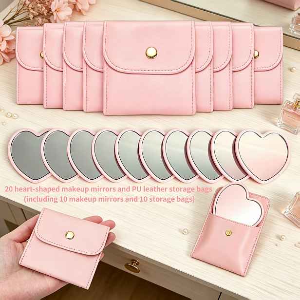 TEMU Sada 20 ks srdcových zrcátek na make-up a úložných pouzder z PU kůže, včetně 10 zrcátek na make-up úložných pouzder. Tato nádherná sada zrcátek