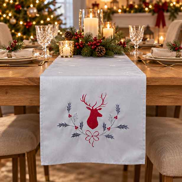 Vánoční běhoun na stůl DEER 40x140 cm, světle šedá