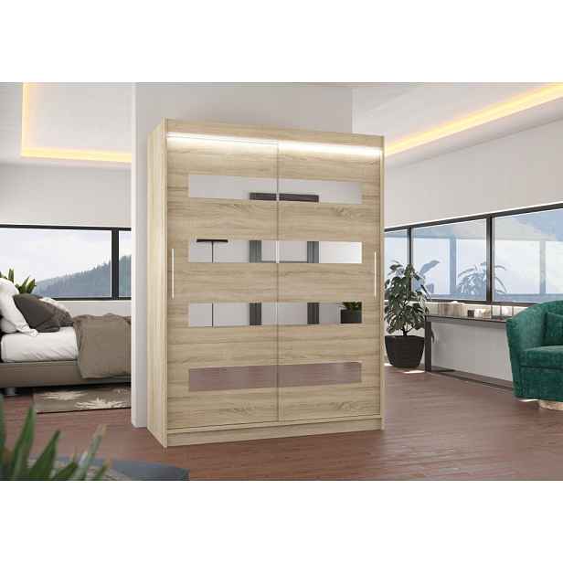 Šatní skříň se zrcadlem a LED osvětlením 150 cm RADLA - dub sonoma