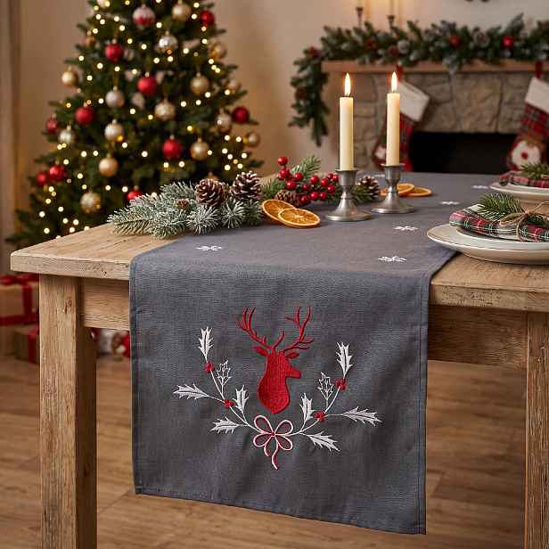 Vánoční běhoun na stůl DEER 40x140 cm, tmavě šedá