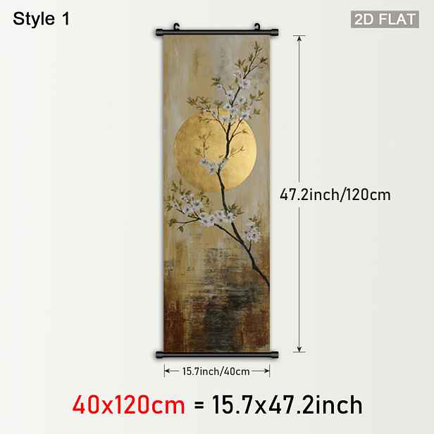 TEMU 2D Plochý, 1 ks /Čínský styl Zlatý Bokujou/Svíčková větev Scroll Nástěnná dekorace - Vertikální zarámované plátno s plastovým rámem a závěsem,