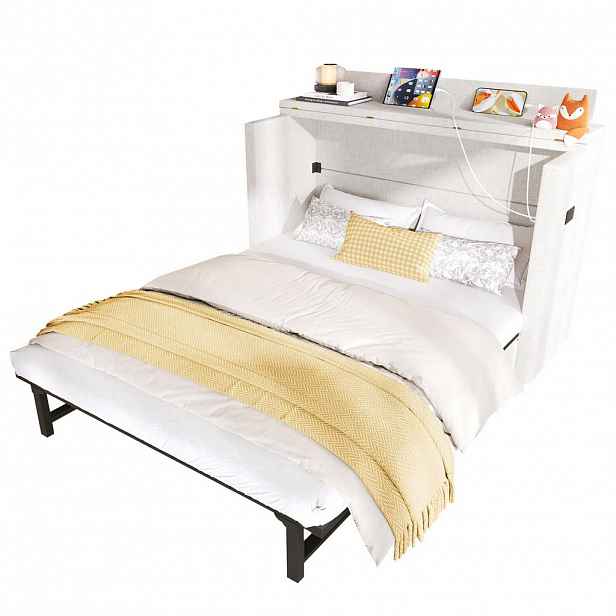 CHICFURN SKLÁPĚCÍ POSTEL 140/200 cm v béžové barvě s USB, Type-C a zásuvkou ze lněné látky