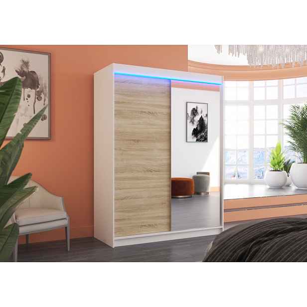 Zrcadlová šatní skříň 150 cm s LED osvětlením SADLA - bílá / dub sonoma