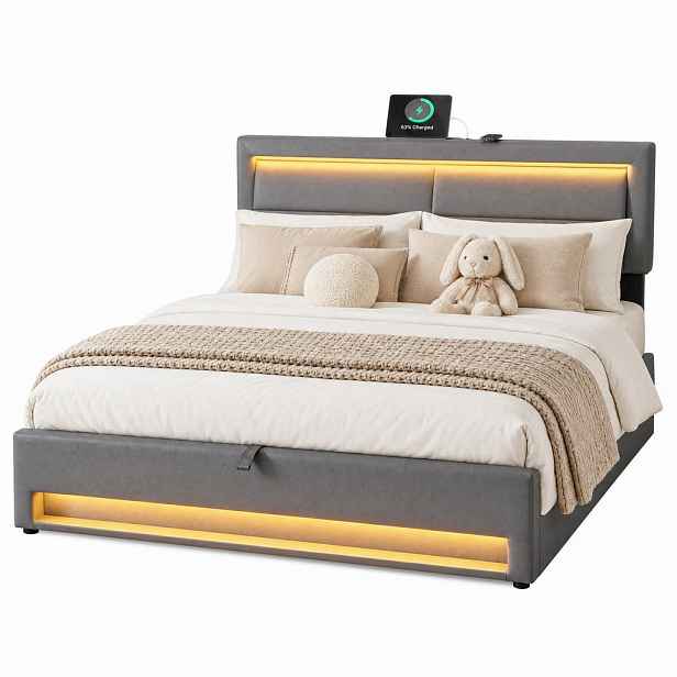 CHICFURN ČALOUNĚNÁ POSTEL 160/200 cm v šedé barvě s LED, USB a úložným prostorem