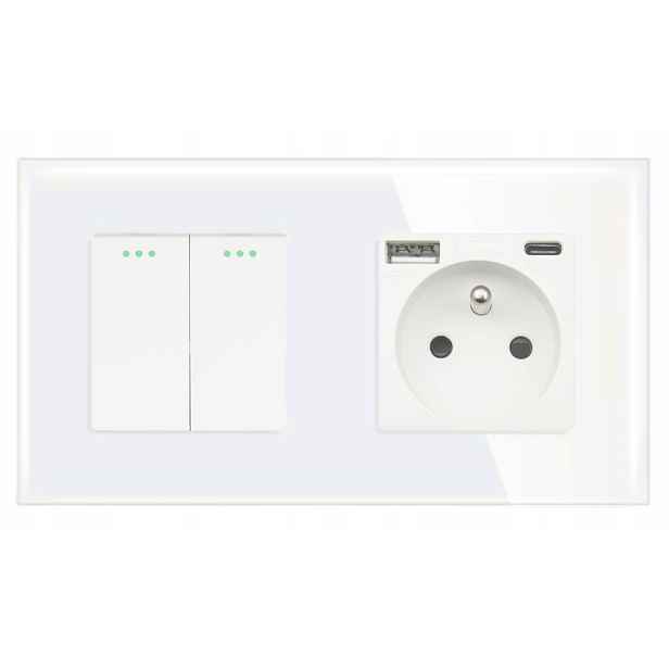 Dvojitý Vypínač Světla 2G Zásuvka Usb A+c Bílý Skleněný eLumos Flex