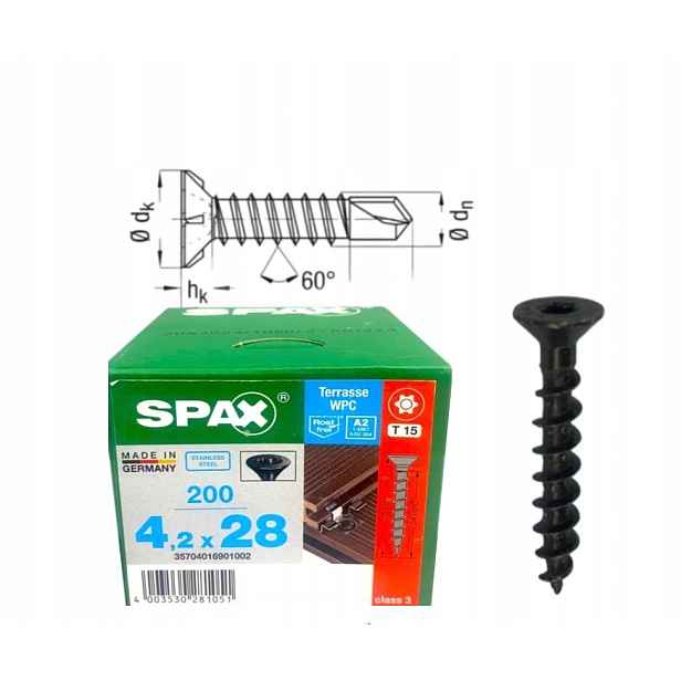 Terasové šrouby Alu 4,2 x 28 A2 Tx 200 ks Torx Spax pro kompozitní desku
