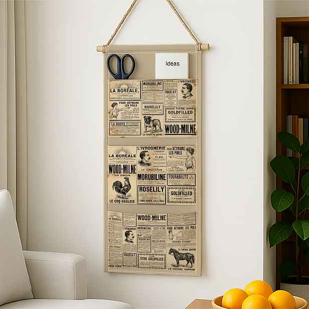TEMU 1 ks Nástěnná úložná taška s novinovou koláží k posteli, potištěná béžovo-černá vintage ve stylu starého světa, vhodná k zavěšení za dveře,