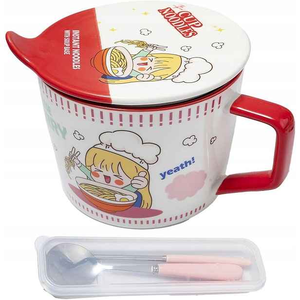 Miska Ramen Porcelánová 950 ML S Příborem, Červená
