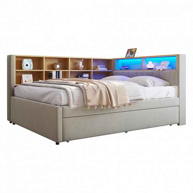 CHICFURN ROZKLÁDACÍ POHOVKA 140/200 cm & 90/190 cm ve světle šedé barvě s LED, USB a policemi