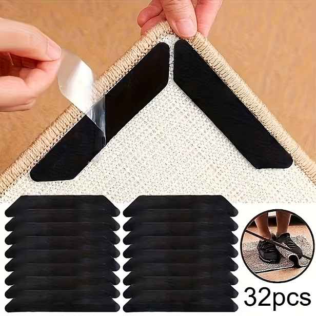 TEMU 32 ks pásky na koberce, protiskluzové podložky a držáky s pratelnými odnímatelnými oboustrannými protizáhybovými rohovými držáky pro dřevěné