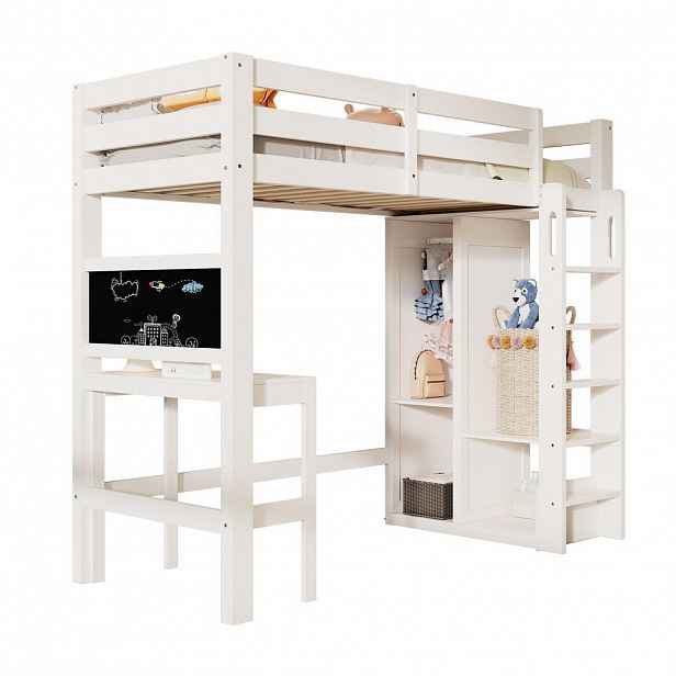 OKWISH BÍLÁ dřevěná patrová postel (90/200 cm) s psacím stolem a šatní skříní