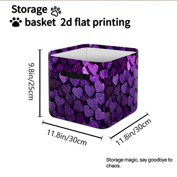 TEMU Skládací úložný box - Rozměry: 30 cm x 30 cm x 25 cm, oblíbený domácí organizér 2026, košík s fialovým třpytivým vzorem srdíček a robustními