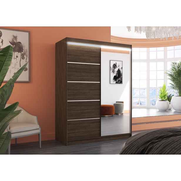 Šatní skříň se zrcadlem a LED osvětlením 150 cm GABRINA - tmavě hnědá