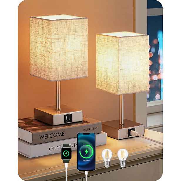 Noční Lampa Dotyková Led E27 Usb-c Stmívatelná 3 Úrovně Béžové Stínidlo