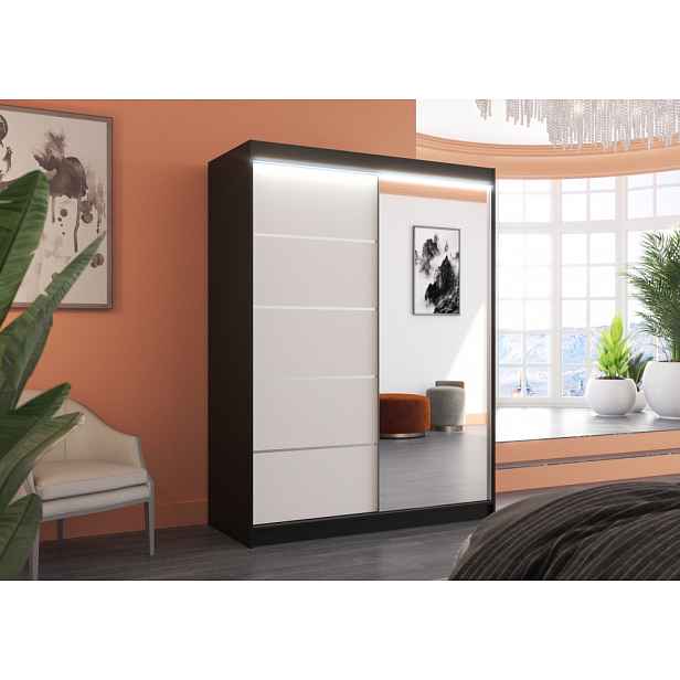 Šatní skříň se zrcadlem a LED osvětlením 150 cm GABRINA - černá / bílá