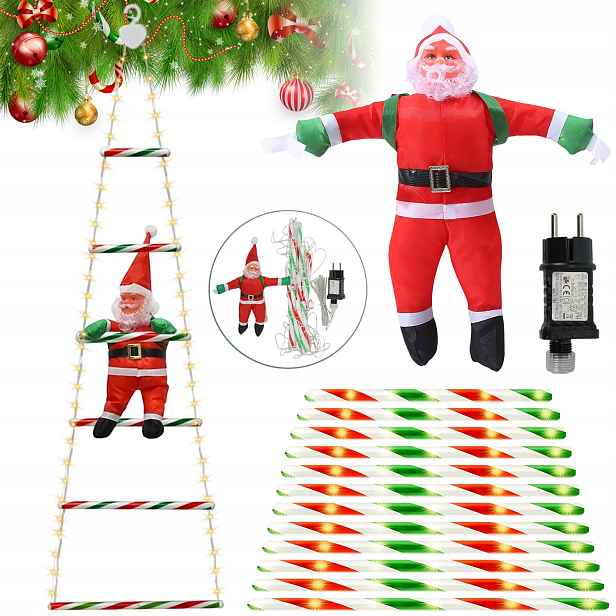 Svatý Mikuláš Na Žebříku XXL Led Ozdoba Na Zdobení Vánočních Stromků 8 Režimů 3M