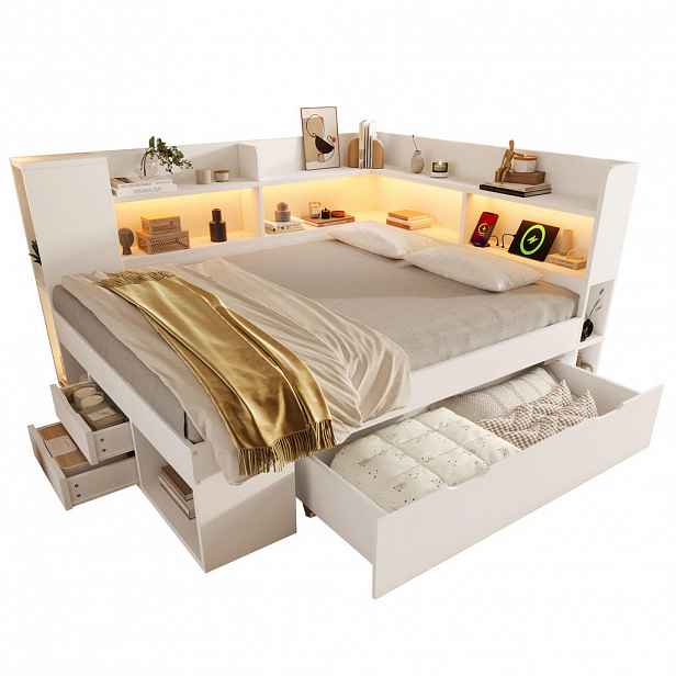 CHICFURN POSTEL 140/200 cm v bílé barvě s LED osvětlením, USB a úložným prostorem