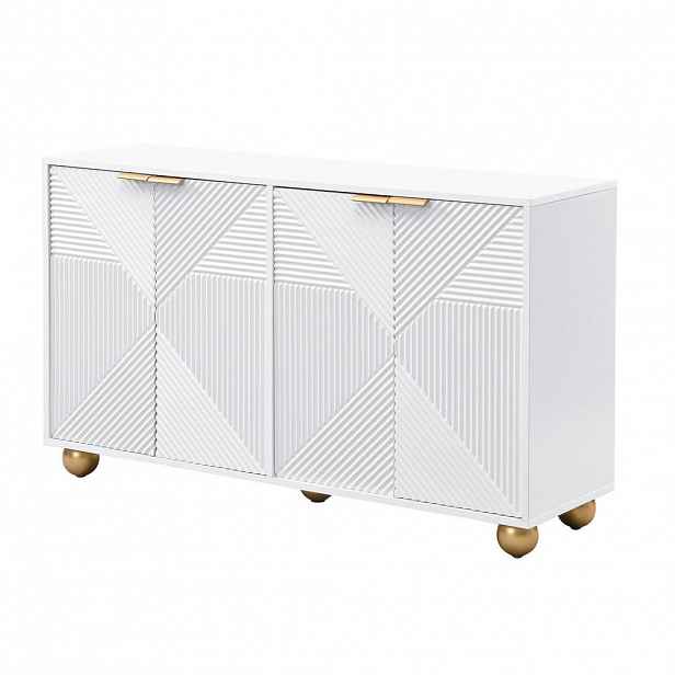Modfu KOMODA z MDF 120x35x71,5 cm bílá se 4 dvířky a nastavitelnými policemi, gravírovaný dekor a zlaté úchytky