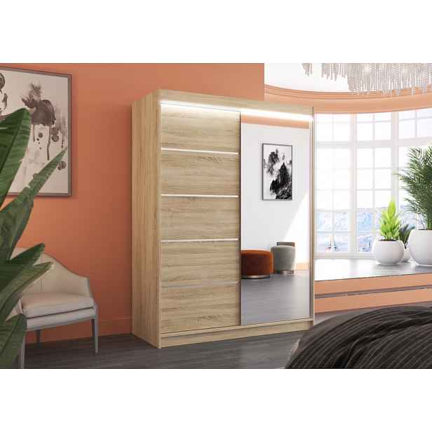 Šatní skříň se zrcadlem a LED osvětlením 150 cm GABRINA - dub sonoma