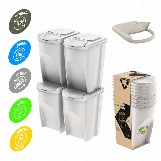 Koš Na Třídění Odpadků 140 L Set 4x35 L Popelavý Odpad Samolepky