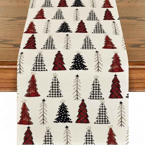 Lněný vánoční běhoun MERRY TREES 33x180 cm, krémový