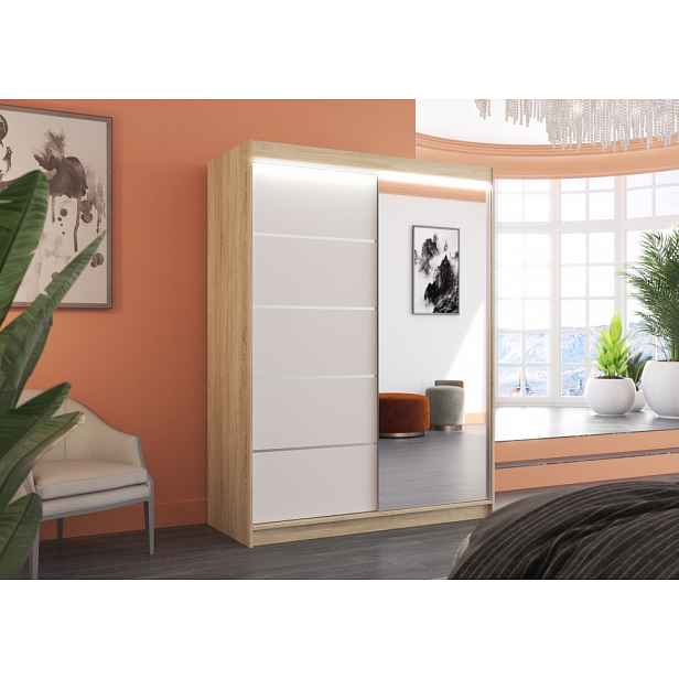 Šatní skříň se zrcadlem a LED osvětlením 150 cm GABRINA - dub sonoma / bílá