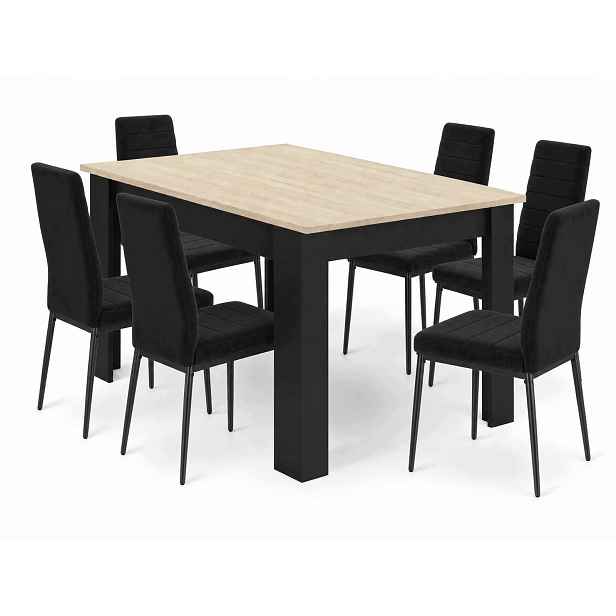 Jídelní stůl 120x80 cm, dekor dub sonoma s černými nohami 6 černých sametových židlí Axell