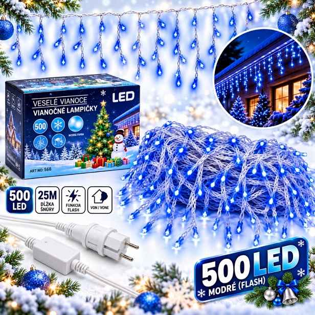 Lampičky rampouchy venkovní 500 Led 25 m modré Flash kombinované IP44