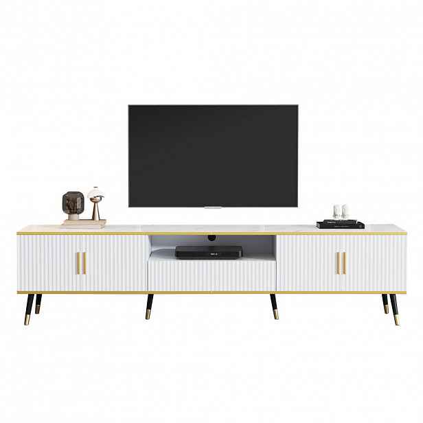 Modfu TV stolek z dřevotřísky 200x40x46 cm bílý s mramorovým dekorem, 2 dvířky, zásuvkou a vedením kabelů