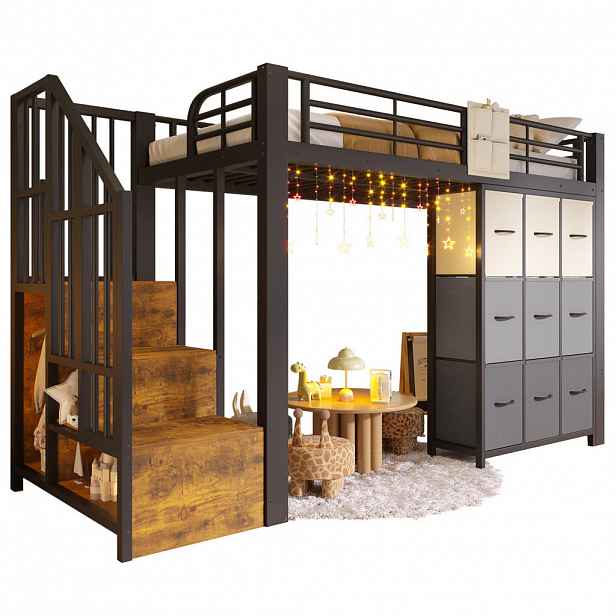 CHICFURN VYVÝŠENÁ POSTEL 90/200 cm v černé barvě se schody, úložným prostorem a šatní tyčí