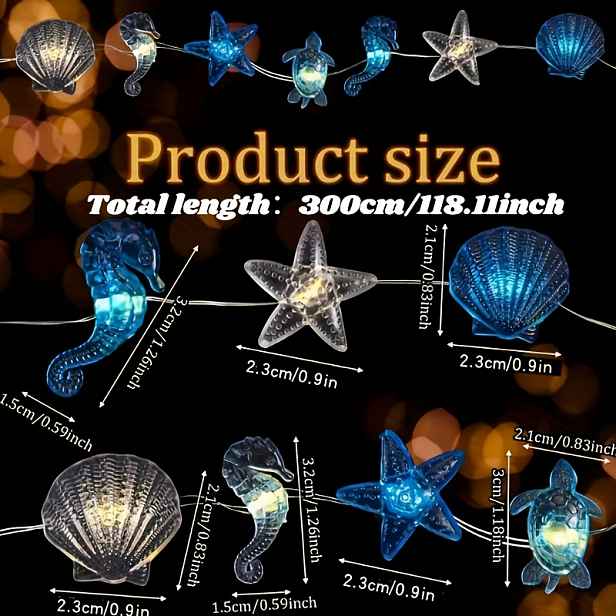 TEMU 30 LED světelný řetěz s oceánu, ideální pro vytvoření atmosféry v interiéru, s designem mušlí, mořských koníků, hvězdic a želv, o délce 118.11