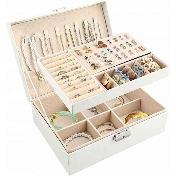 Velká šperkovnice na bižuterii 2-vrstvá, na klíč uzamykatelná taška z kůže
