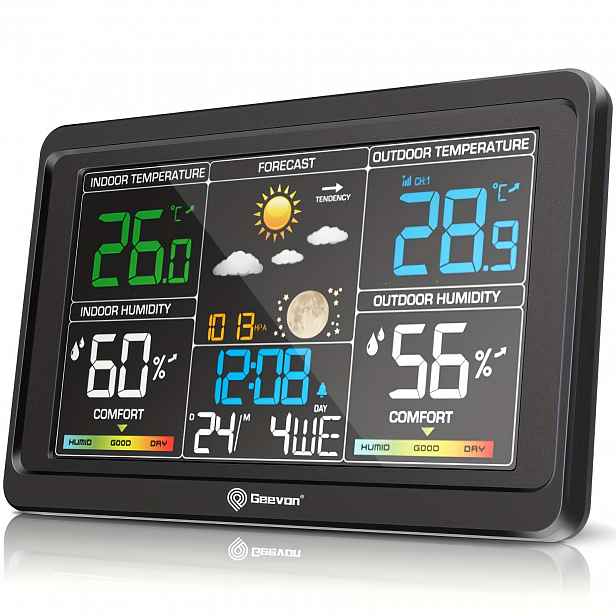 TEMU 1 ks Geevon Bezdrátová Vnitřní/Venkovní Meteorologická Stanice s 7,6" LCD Displejem, 1 Dálkový Detektor, USB Nabíjecí Port, Nastavitelné