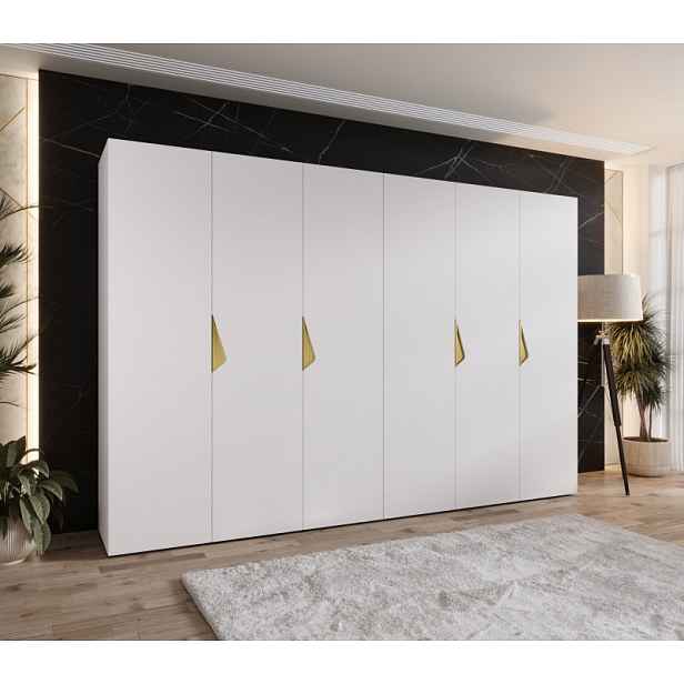 Elegantní šatní skříň 300 cm AMARIS 1 - bílá / zlaté úchyty