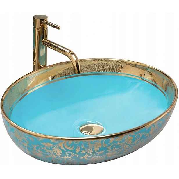 Keramické umyvadlo na desku Rea Margot Blue/gold modrá se zlatým vzorem